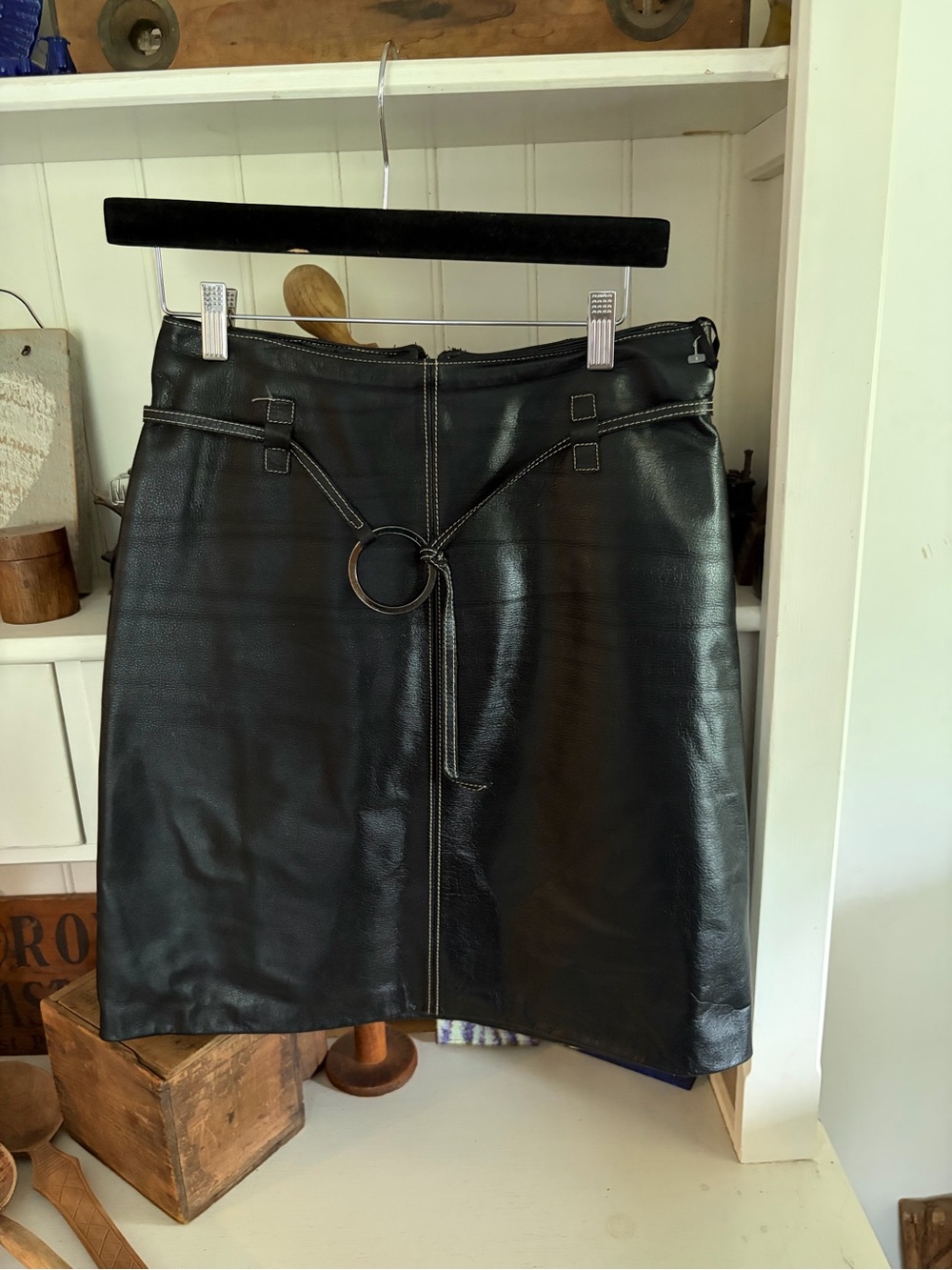 Danier Black Leather A-Line Skirt with Ring Belt